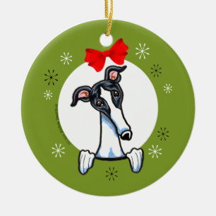 Ornamento De Cerâmica Clássico preto branco do Natal do galgo