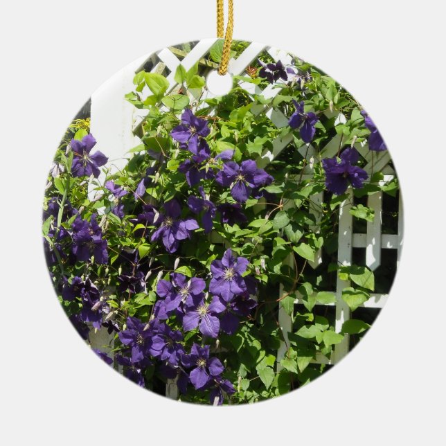 Ornamento De Cerâmica Clematite Roxa numa Treliça (Frente)