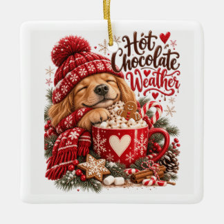 Ornamento De Cerâmica Clima de Chocolate Quente Golden Retriever Natal