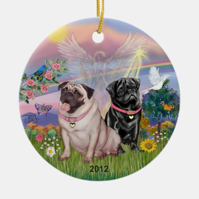 Ornamento De Cerâmica Cloud Angel - Dois Pugs Raparigas (Frente)