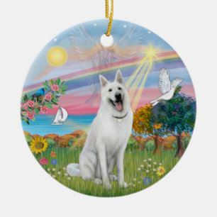 Ornamento De Cerâmica Cloud Angel - German shepherd Branco