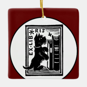 Ornamento De Cerâmica Clube de leitura vermelho do vintage do Bookplate