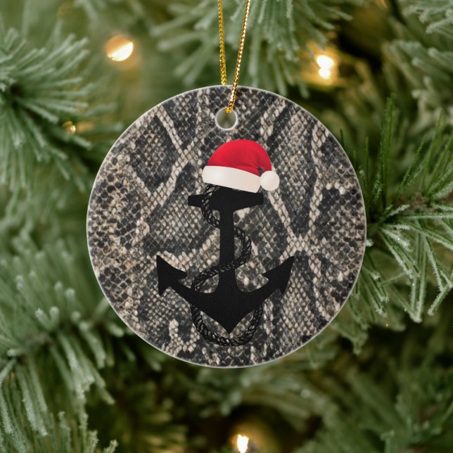 Ornamento De Cerâmica cobra elegante náutica ANCHOR + SANTA HAT | (Árvore)