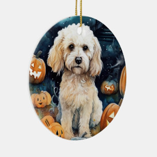 Ornamento De Cerâmica Cockapoo De Halloween Com Pumpkins Assustado