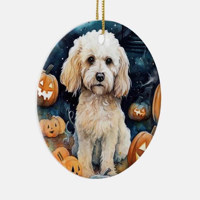 Ornamento De Cerâmica Cockapoo De Halloween Com Pumpkins Assustado (Direito )