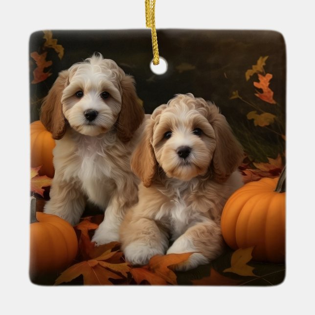 Ornamento De Cerâmica Cockapoo Puppy Autumn Delight Pumpkin (Frente)