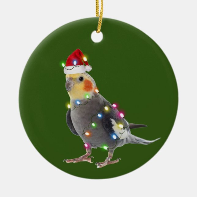 Ornamento De Cerâmica Cockatiel com Luzes de Chapéu Natal (Frente)