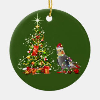 Ornamento De Cerâmica Cockatiel com o Natal do Chapéu