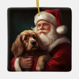 Ornamento De Cerâmica Cocker Spaniel com Papai Noel Natal Festivo