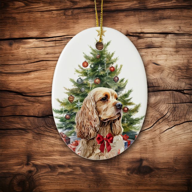 Ornamento De Cerâmica Cocker Spaniel Loira com Laço Vermelho (Criador carregado)