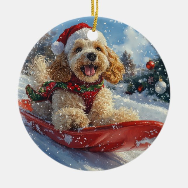 Ornamento De Cerâmica Cocker Spaniel no Trenó Deixe Nevar Natal (Frente)