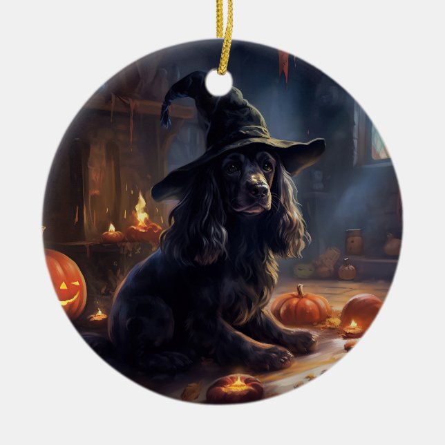 Ornamento De Cerâmica Cocker Spaniel Pumpkins Halloween Assustado (Frente)