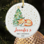 Ornamento De Cerâmica Cód. Aquarela Fox Custom Baby First Christmas<br><div class="desc">Este ornamento "Bebê Primeiro Natal" apresenta uma fox de aquarela fofa com nome e ano personalizados.</div>