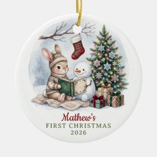 Ornamento De Cerâmica Coelhinho de Aquarela Boneco de Neve Bebê 1º Natal