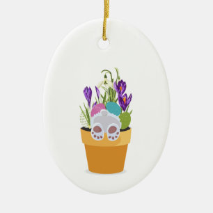 Ornamento De Cerâmica Coelhinho em pote com gramíneas, flores.