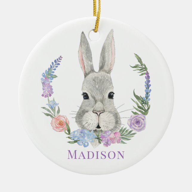 Ornamento De Cerâmica Coelho Coelho da Páscoa Aquarela Floral Personaliz (Frente)