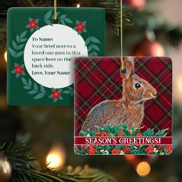 Ornamento De Cerâmica Coelho com Holly Berries e Xadrez personalizável