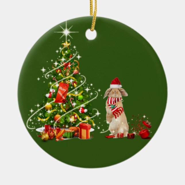 Ornamento De Cerâmica Coelho com o Natal dos Hat Scafts (Frente)