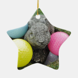 Ornamento De Cerâmica Coelho com ovo azul-rosa