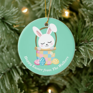 Ornamento De Cerâmica Coelho da Páscoa Feliz Personalizado Verde Pastel