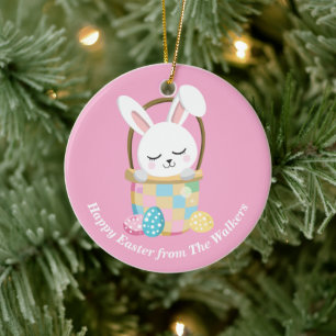 Ornamento De Cerâmica Coelho da Páscoa Feliz Rosa Personalizado