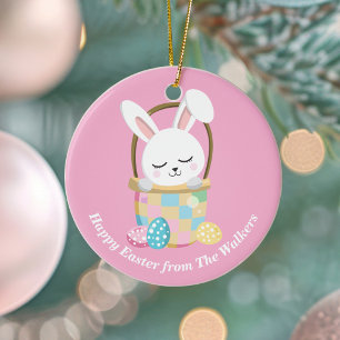 Ornamento De Cerâmica Coelho da Páscoa Feliz Rosa Personalizado