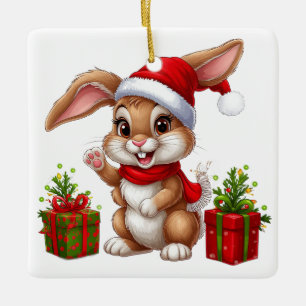 Ornamento De Cerâmica Coelho de Natal Adorável Com Chapéu de Papai Noel