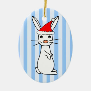 Ornamento De Cerâmica Coelho do papai noel - branco com listras azuis