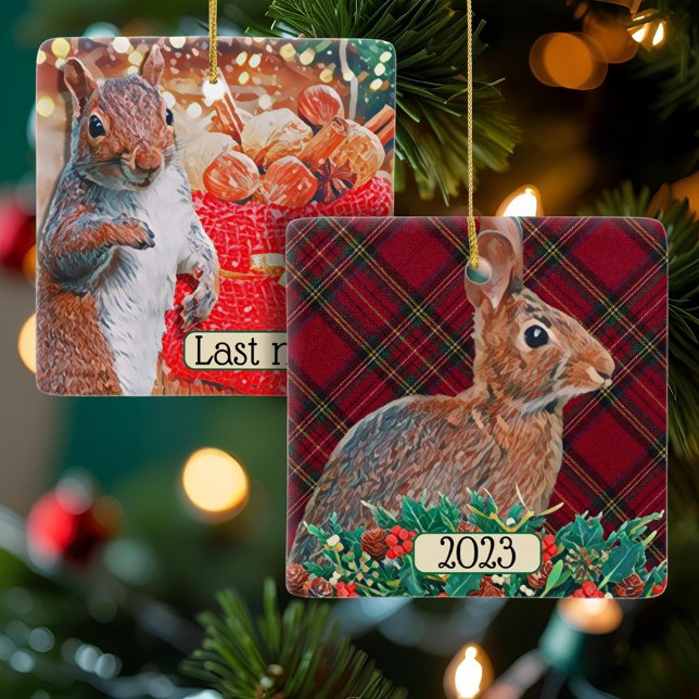 Ornamento De Cerâmica Coelho e Esquilo Personalizáveis em Dois Lados (This cute squirrel and rabbit custom ceramic ornament allows you to personalize both sides!)
