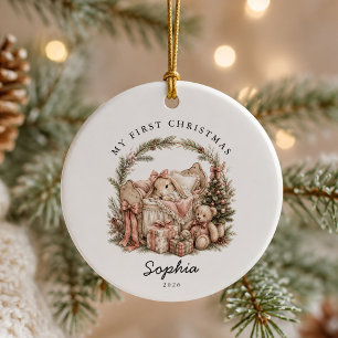 Ornamento De Cerâmica Coelho em Aquarela Meu Primeiro Natal