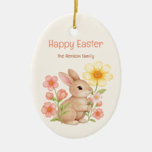 Ornamento De Cerâmica Coelho Personalizado em Aquarela Feliz Páscoa 