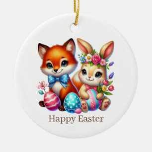 Ornamento De Cerâmica Coelho raposa da Páscoa feliz fofo personalizável
