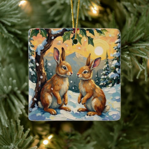 Ornamento De Cerâmica Coelhos Antigos Sob a Árvore de Azevinho Natal