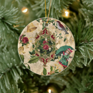 Ornamento De Cerâmica Colagem da Rosa de Natal Vitoriana Vintage