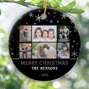 Ornamento De Cerâmica Colagem de Fotos 6 da Família Floco de Neve Preto