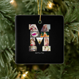 Ornamento De Cerâmica Colagem de Fotos com Letra M em Preto e Branco