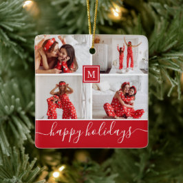 Ornamento De Cerâmica Colagem de Fotos da Família Vermelha Feliz Férias 