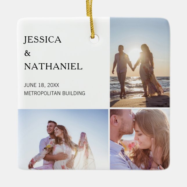 Ornamento De Cerâmica Colagem de Fotos de Casamento | Natal branco (Frente)