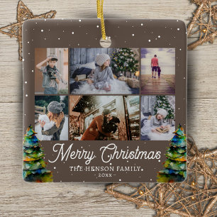 Ornamento De Cerâmica Colagem de Fotos de Família com Árvore de Natal Aq