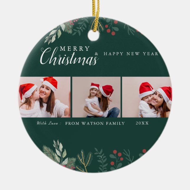 Ornamento De Cerâmica Colagem de Fotos de Feriado de Candy Vermelho e Br (Frente)