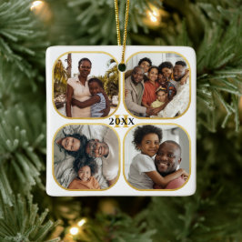 Ornamento De Cerâmica Colagem de Fotos de Natal Monograma Dourado Branco