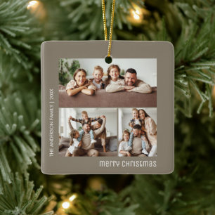 Ornamento De Cerâmica Colagem de Fotos de Natal para Família Bege
