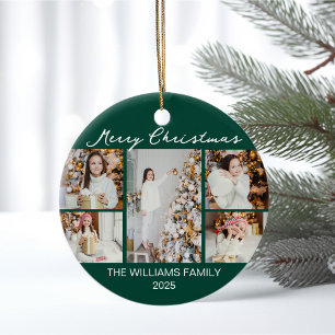 Ornamento De Cerâmica Colagem de Fotos de Natal Verde Esmeralda Alegre