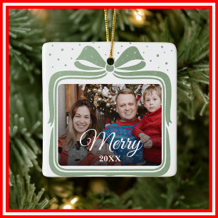 Ornamento De Cerâmica Colagem de Fotos de Presente de Natal com Laço Ele