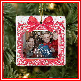 Ornamento De Cerâmica Colagem de Fotos de Presente de Natal com Laço Ele
