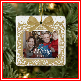 Ornamento De Cerâmica Colagem de Fotos de Presente de Natal com Laço Ele