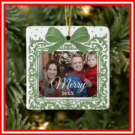 Ornamento De Cerâmica Colagem de Fotos de Presente de Natal com Laço Ele
