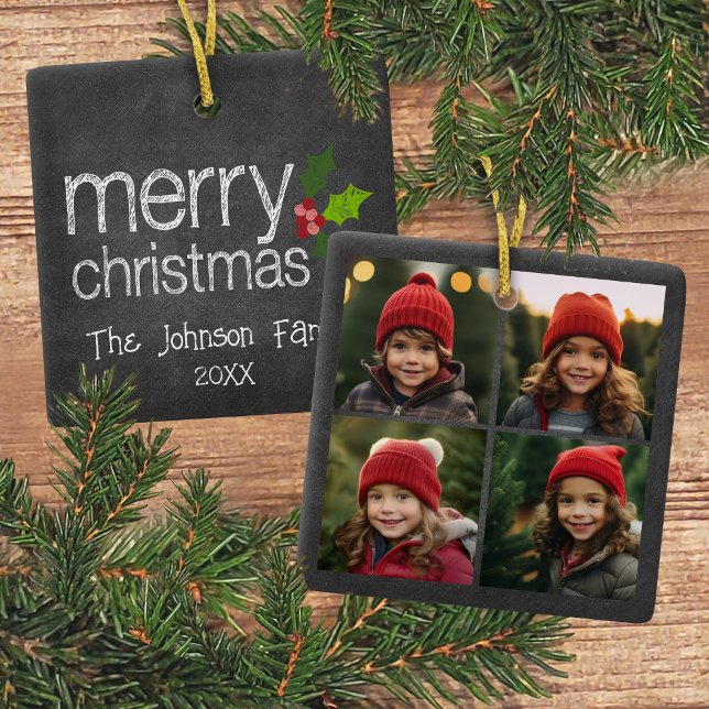 Ornamento De Cerâmica Colagem de Fotos em Quadro Chalkboard Feliz Natal  (4 Photo ornament with a Christmas greeting on the back)