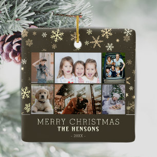 Ornamento De Cerâmica Colagem de Fotos Família 6 Flocos de Neve Feliz Na