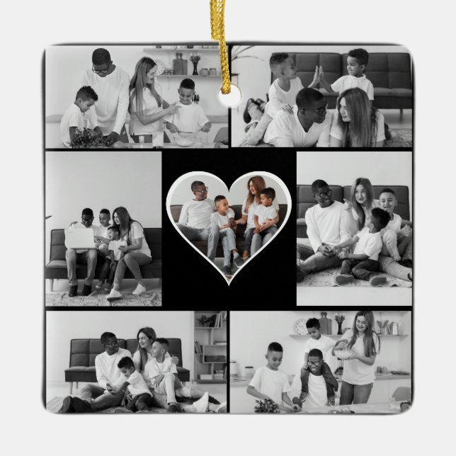 Ornamento De Cerâmica Colagem de Fotos Preta e Branca 7 (Frente)